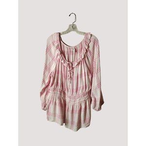 Cato Top Womens 18/20w Pink Plaid Long Balloon Sleeve Ruffle Tie Neck Spring